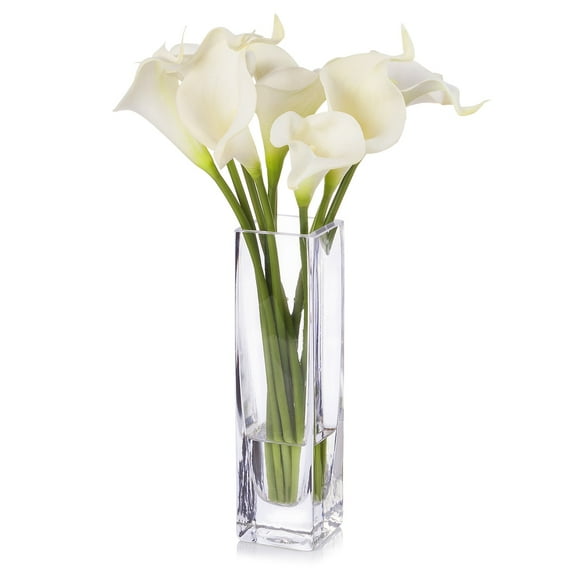 Enova Home Artificial Flowers Cream Real Touch Calla Lily Fake Silk Flowers Arrangement in Clear Rectangle Glass Vase with Faux Water for Home Office Wedding Decoration