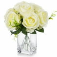 thumbnail image 1 of Enova Home Artificial Flowers Cream Silk Roses Fake Flower Arrangement in Rectangle Glass Vase with Faux Water for Home Office Wedding Decoration, 1 of 3