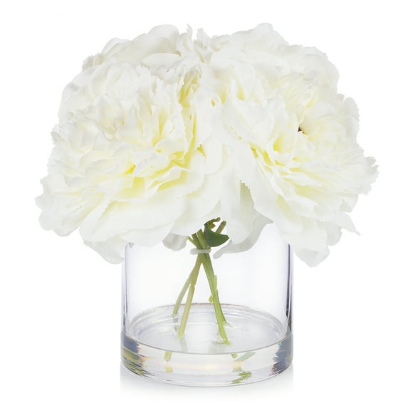 Enova Home Artificial Flowers Large 4 Heads Silk Peony Fake Flowers Arrangement in Cylinder Glass Vase with Faux Water for Home Office Wedding Decoration (Cream)