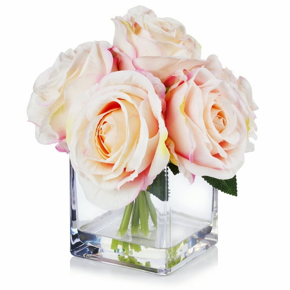 Enova Home Artificial Flowers Large 7 Stems Silk Roses Fake Flowers Arrangement in Cube Glass Vase with Faux Water for Home Office Wedding Decoration (Pink)