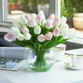 thumbnail image 1 of Enova Home Artificial Flowers Mixed Real Touch Pink White Tulips Fake Silk Flowers Arrangement in Round Glass Vase with Faux Water for Home Office Wedding Decoration, 1 of 4