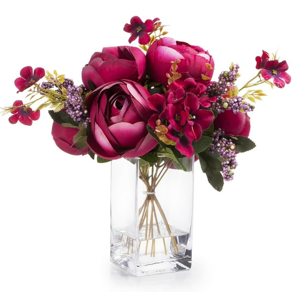 Enova Home Artificial Flowers Mixed Silk Peony Fake Flowers Arrangement in Rectangle Glass Vase with Faux Water for Home Office Wedding Decoration (Wine Red)