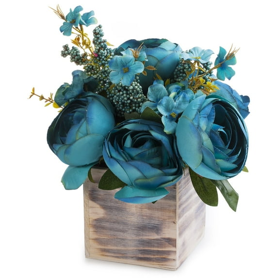 Enova Home Artificial Flowers Mixed Silk Peony Fake Flowers Arrangement in Natural Wood Planter for Home Office Wedding Decoration (Aqua)