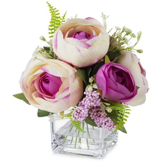Enova Home Artificial Flowers Mixed Silk Peony Fake Flowers in Cube Glass Vase with Faux Water for Home Office Wedding Decoration (Beige Purple)