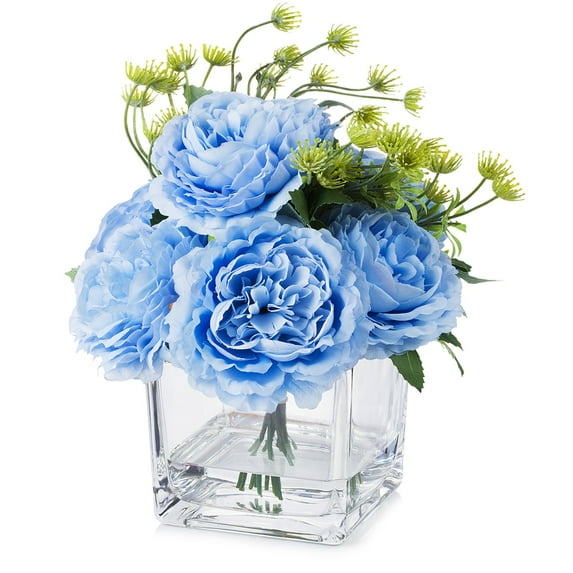 Enova Home Artificial Flowers Mixed Silk Peony Fake Flowers in Cube Glass Vase with Faux Water for Home Office Wedding Decoration (Blue)