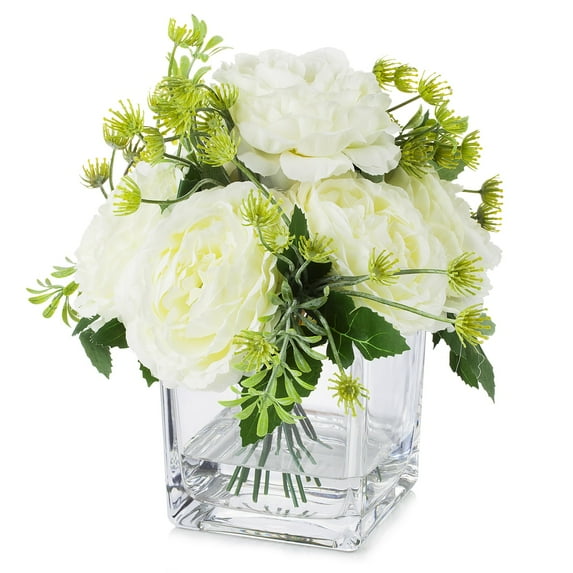 Enova Home Artificial Flowers Mixed Silk Peony and Greenery Fake Flowers in Cube Glass Vase with Faux Water for Home Office Wedding Decoration (Cream)