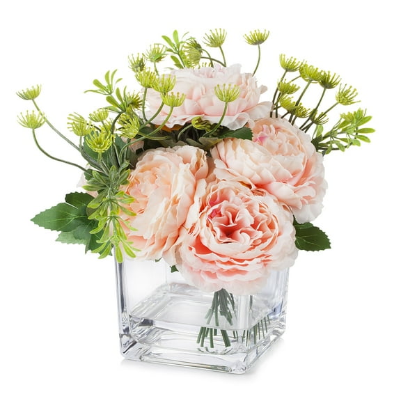 Enova Home Artificial Flowers Mixed Silk Peony and Greenery Fake Flowers in Cube Glass Vase with Faux Water for Home Office Wedding Decoration (Pink)
