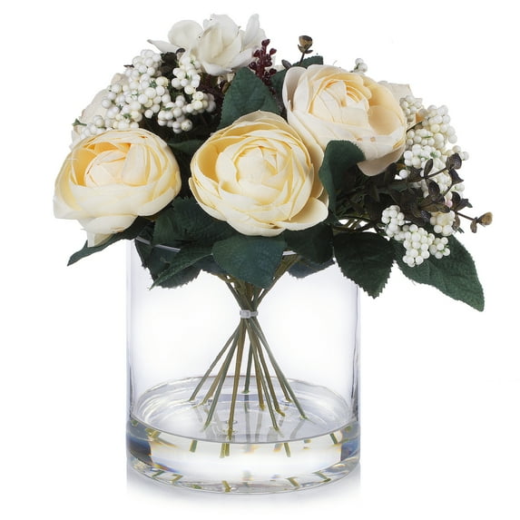 Enova Home Artificial Flowers Mixed Silk Ranunculus Fake Flowers Arrangement in Cylinder Glass Vase with Faux Water for Home Office Wedding Decoration (Beige)