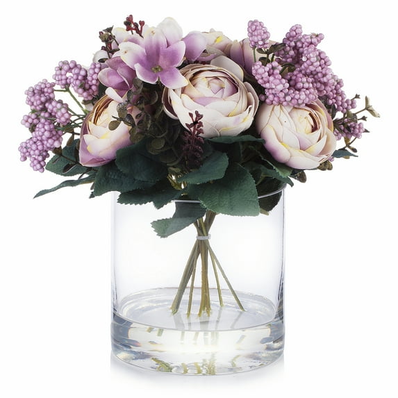 Enova Home Artificial Flowers Mixed Silk Ranunculus Fake Flowers Arrangement in Cylinder Glass Vase with Faux Water for Home Office Wedding Decoration (Purple)