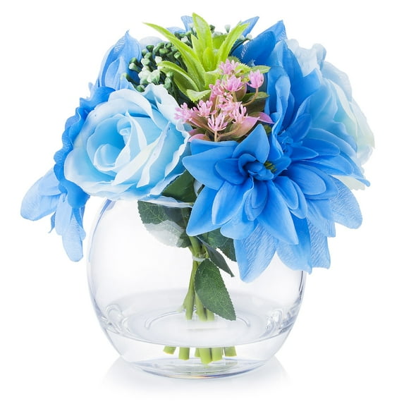 Enova Home Artificial Flowers Mixed Silk Roses and Dahlia Fake Flowers Arrangement in Round Glass Vase with Faux Water for Home Office Wedding Decoration (Blue)