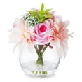 thumbnail image 1 of Enova Home Artificial Flowers Mixed Silk Roses and Dahlia Fake Flowers Arrangement in Round Glass Vase with Faux Water for Home Office Wedding Decoration (Pink), 1 of 3