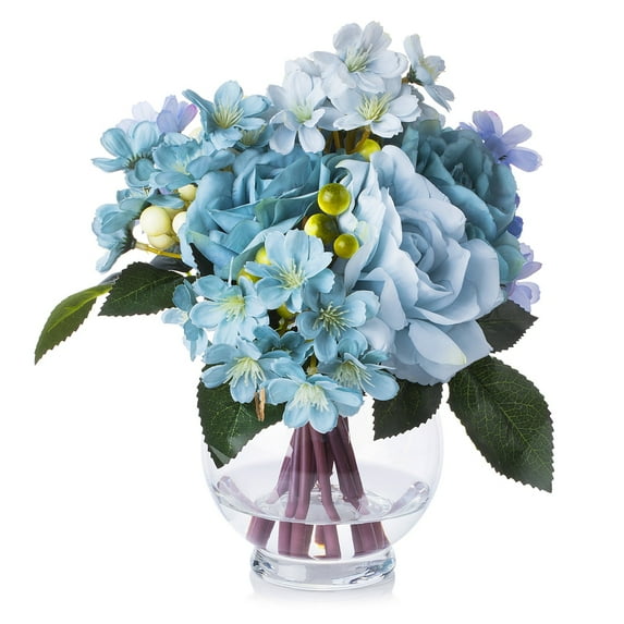 Enova Home Artificial Flowers Mixed Silk Roses Fake Flowers Arrangement in Round Glass Vase with Faux Water for Home Office Wedding Decoration (Blue)