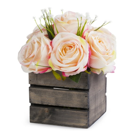 Enova Home Artificial Flowers Mixed Silk Roses with Star Grasses Fake Flowers Arrangement in Wood Planter for Home Office Wedding Decoration (Pink)