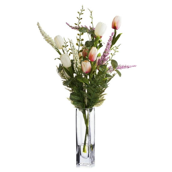 Enova Home Artificial Flowers Mixed Silk Tulip Fake Flowers Arrangement in Rectangle Glass Vase with Faux Water for Home Office Wedding Decoration (Cream Peach)