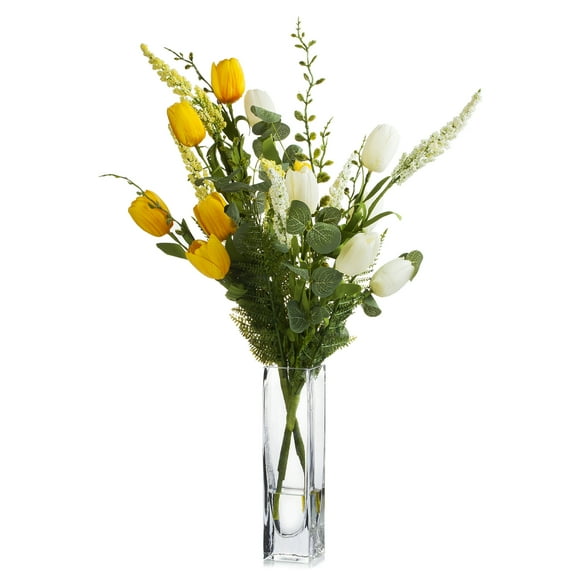 Enova Home Artificial Flowers Mixed Silk Tulip Fake Flowers Arrangement in Rectangle Glass Vase with Faux Water for Home Office Wedding Decoration (Cream Yellow)