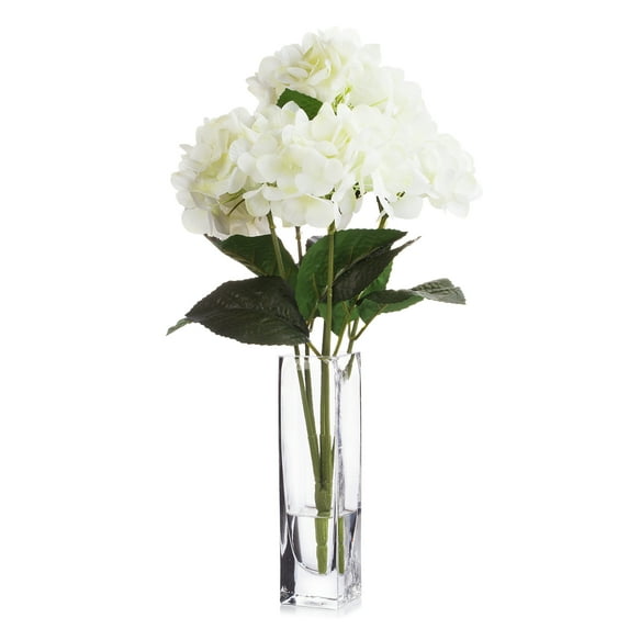 Enova Home Artificial Flowers Natural Touch Hydrangea Fake Silk Flowers in Rectangle Glass Vase with Faux Water for Home Office Wedding Decoration (Cream)