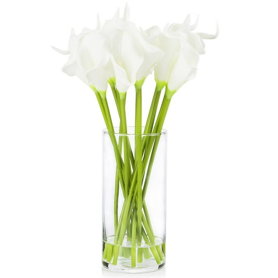 Enova Home Artificial Flowers Real Touch Calla Lily Fake Silk Flowers Arrangement in Clear Cylinder Glass Vase with Faux Water for Home Office Wedding Event Decoration (White)