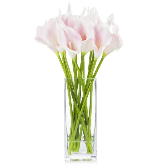 Enova Home Artificial Flowers Real Touch Lily Fake Silk Flowers Arrangement in Rectangle Glass Vase with Faux Water for Home Office Wedding Event Decoration (Pink)