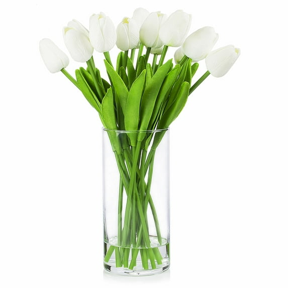 Enova Home Artificial Flowers Real Touch Tulips Fake Silk Flowers Arrangement in Clear Cylinder Glass Vase with Faux Water for Home Office Wedding Event Decoration (White)
