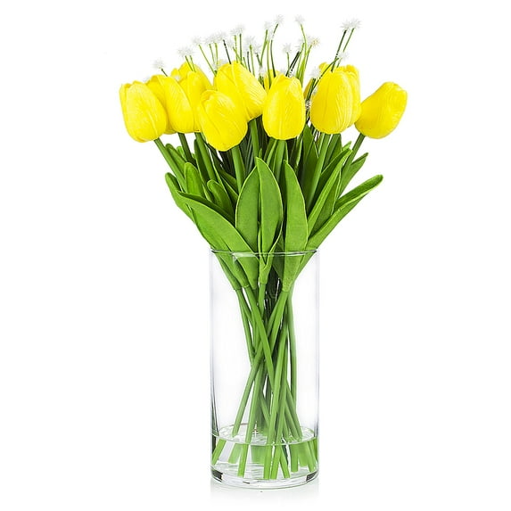 Enova Home Artificial Real Touch Tulips Fake Silk Flower and Star Grasses in Clear Glass Vase with Faux Water for Home Decor Yellow