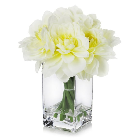Enova Home Artificial Flowers Silk Dahlia Fake Flowers Arrangement in Rectangle Glass Vase with Faux Water for Home Office Wedding Decoration (Cream)