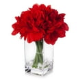 thumbnail image 1 of Enova Home Artificial Flowers Silk Dahlia Fake Flowers Arrangement in Rectangle Glass Vase with Faux Water for Home Office Wedding Decoration (Red), 1 of 3