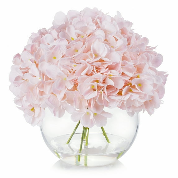 Enova Home Artificial Flowers Silk Hydrangea Fake Flowers Arrangement in Clear Glass Round Vase with Faux Water for Home Office Wedding Party Decoration (Pink)