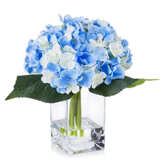 Enova Home Artificial Flowers Silk Hydrangea Fake Flowers Arrangement in Rectangle Glass Vase with Faux Water for Home Office Wedding Decoration (Blue Cream)