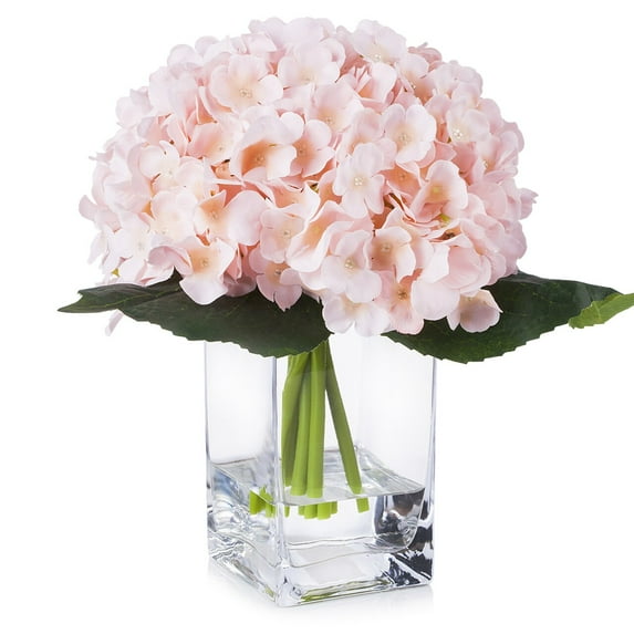 Enova Home Artificial Flowers Silk Hydrangea Fake Flowers Arrangement in Rectangle Glass Vase with Faux Water for Home Office Wedding Decoration (Pink)