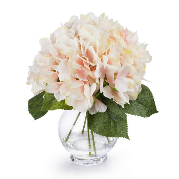 Enova Home Artificial Flowers Silk Hydrangea Fake Flowers Arrangement in Clear Glass Vase with Faux Water for Home Office Wedding Decoration (Peach)