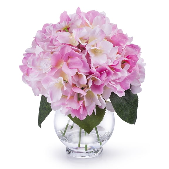 Enova Home Artificial Flowers Silk Hydrangea Fake Flowers Arrangement in Clear Glass Vase with Faux Water for Home Office Wedding Decoration (Pink)