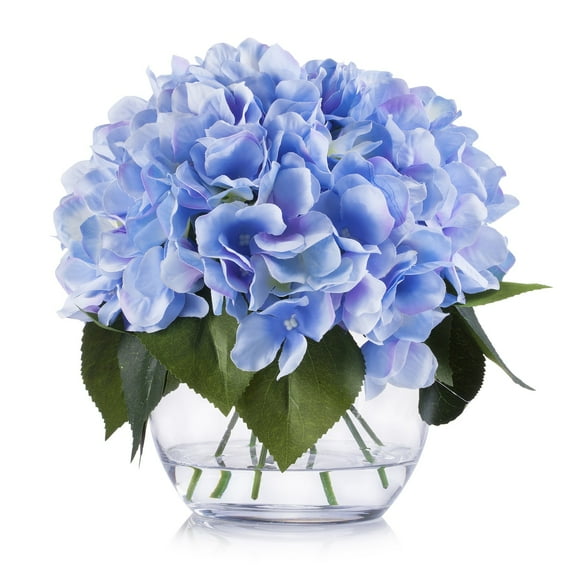 Enova Home Artificial Flowers Silk Hydrangea Fake Flowers Arrangement in Round Glass Vase with Faux Water for Home Office Wedding Decoration (Blue)
