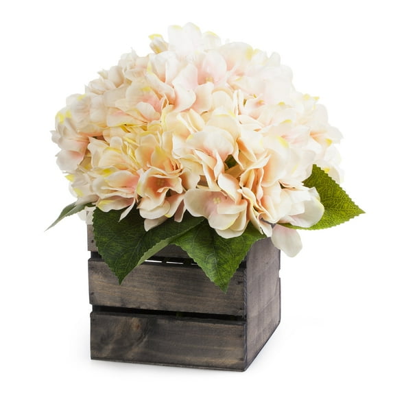 Enova Home Artificial Flowers Silk Hydrangea Fake Flowers Arrangement in Wood Planter for Home Office Wedding Decoration (Peach)