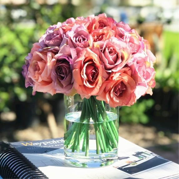 Enova Home Artificial Flowers Silk Open Roses Fake Flowers Arrangement in Cylinder Glass Vase with Faux Water for Home Office Wedding Decoration (Purple)