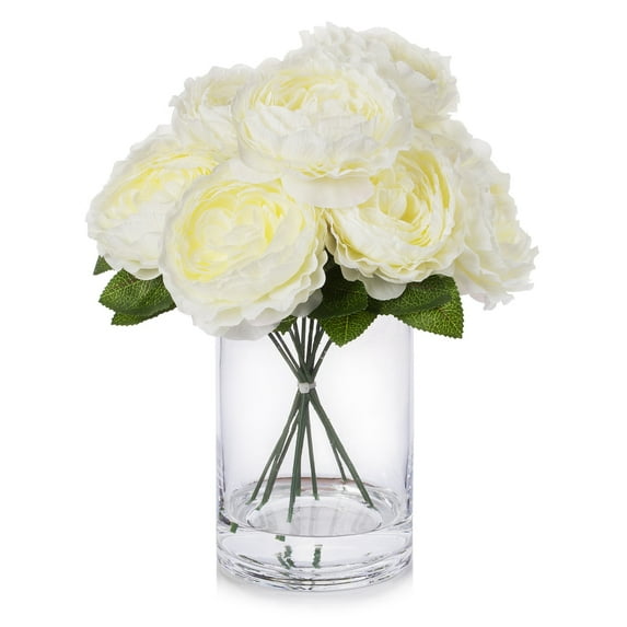 Enova Home Artificial Flowers Silk Peony Fake Flowers Arrangement in Cylinder Glass Vase with Faux Water for Home Office Wedding Decoration (Cream)