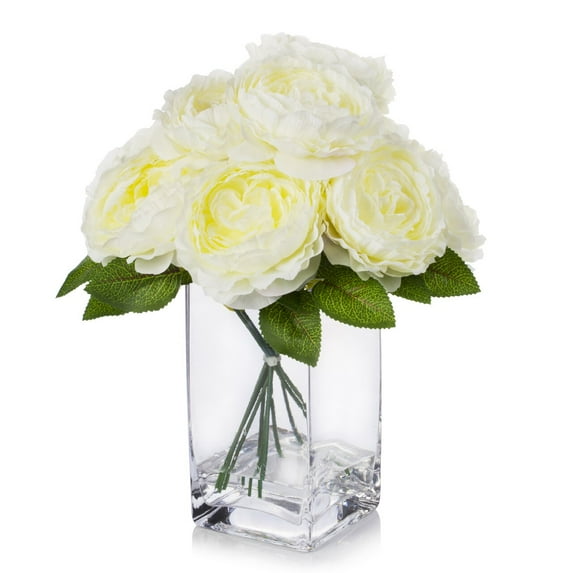 Enova Home Artificial Flowers Silk Peony Fake Flowers Arrangement in Rectangle Glass Vase with Faux Water for Home Office Wedding Decoration (Cream)
