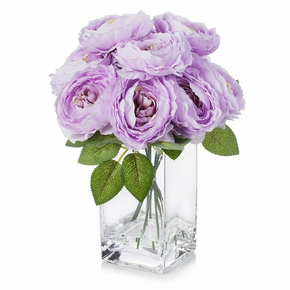Enova Home Artificial Flowers Silk Peony Fake Flowers Arrangement in Rectangle Glass Vase with Faux Water for Home Office Wedding (Purple)
