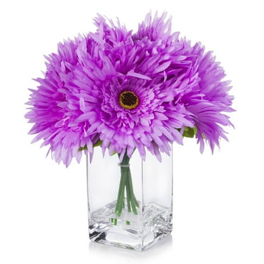 Enova Home Artificial Flowers Silk Purple Daisy Fake Flowers Arrangement in Rectangle Glass Vase with Faux Water for Home Office Wedding Decoration