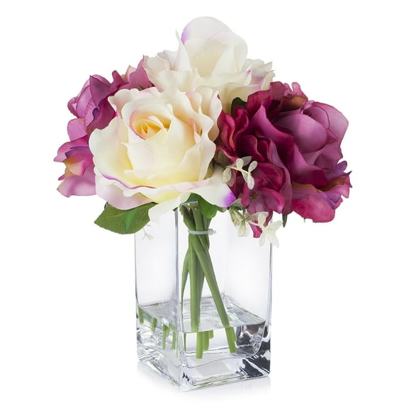 Enova Home Artificial Flowers Silk Roses and Hydrangea Fake Flowers Arrangement in Rectangle Glass Vase with Faux Water for Home Office Wedding Decoration (Cream Purple)
