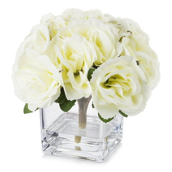 Enova Home Artificial Flowers Velvet Roses Fake Flowers Arrangement in Cube Glass Vase with Faux Water for Home Office Wedding Decoration (Cream)