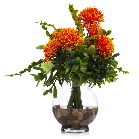 Enova Home Artificial Greenery Grasses Arrangement in Glass Vase With Faux Water and River Rock (Orange)