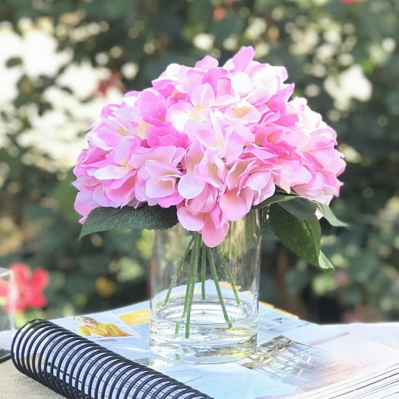 Enova Home Artificial Hydrangea Fake Silk Flowers Arrangement in Glass Vase with Faux Water For Home Office Decoration - N/A Pink