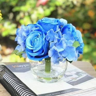 Enova Home Artificial Hydrangea and Rose Mixed Silk Flowers in Clear Glass Vase (Blue)
