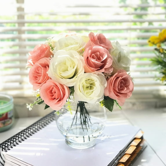 Enova Home Artificial Mixed Rose Silk Flowers Arrangement in Clear Glass Vase with Faux Water (Cream Pink)