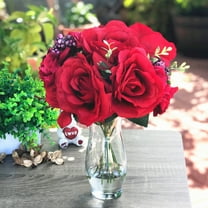 Enova Home Artificial Mixed Rose and Hydrangea Silk Flowers Arrangement in Glass Vase with Faux Water (Red)