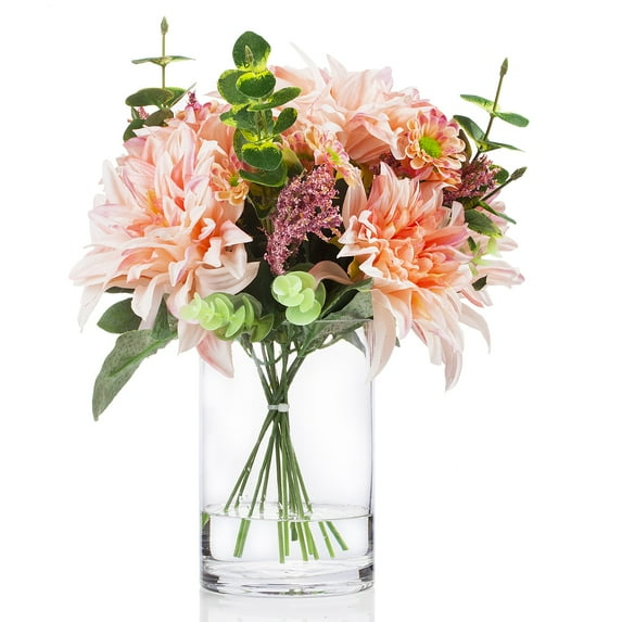 Enova Home Artificial Mixed Silk Dahlia Flowers and Eucalyptus Grasses Arrangement in Clear Glass Vase with Faux Water (Pink)