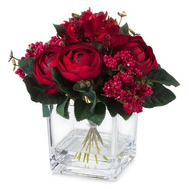 Enova Home  Artificial Mixed Silk Ranunculus Fake Flowers in Cube Glass Vase with Faux Water for Home Office Decoration Red