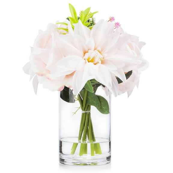Enova Home Artificial Mixed Silk Roses and Dahlia Flowers Arrangement in Clear Glass Vase with Faux Water (Blush)
