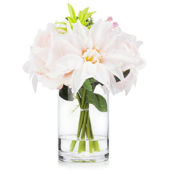 Enova Home Artificial Mixed Silk Roses and Dahlia Flowers Arrangement in Clear Glass Vase with Faux Water (Blush)