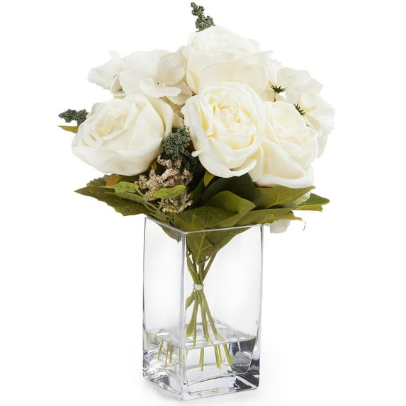Enova Home Artificial Mixed Silk Roses and Hydrangea Flowers Arrangement in Glass Vase With Faux Water (Cream)